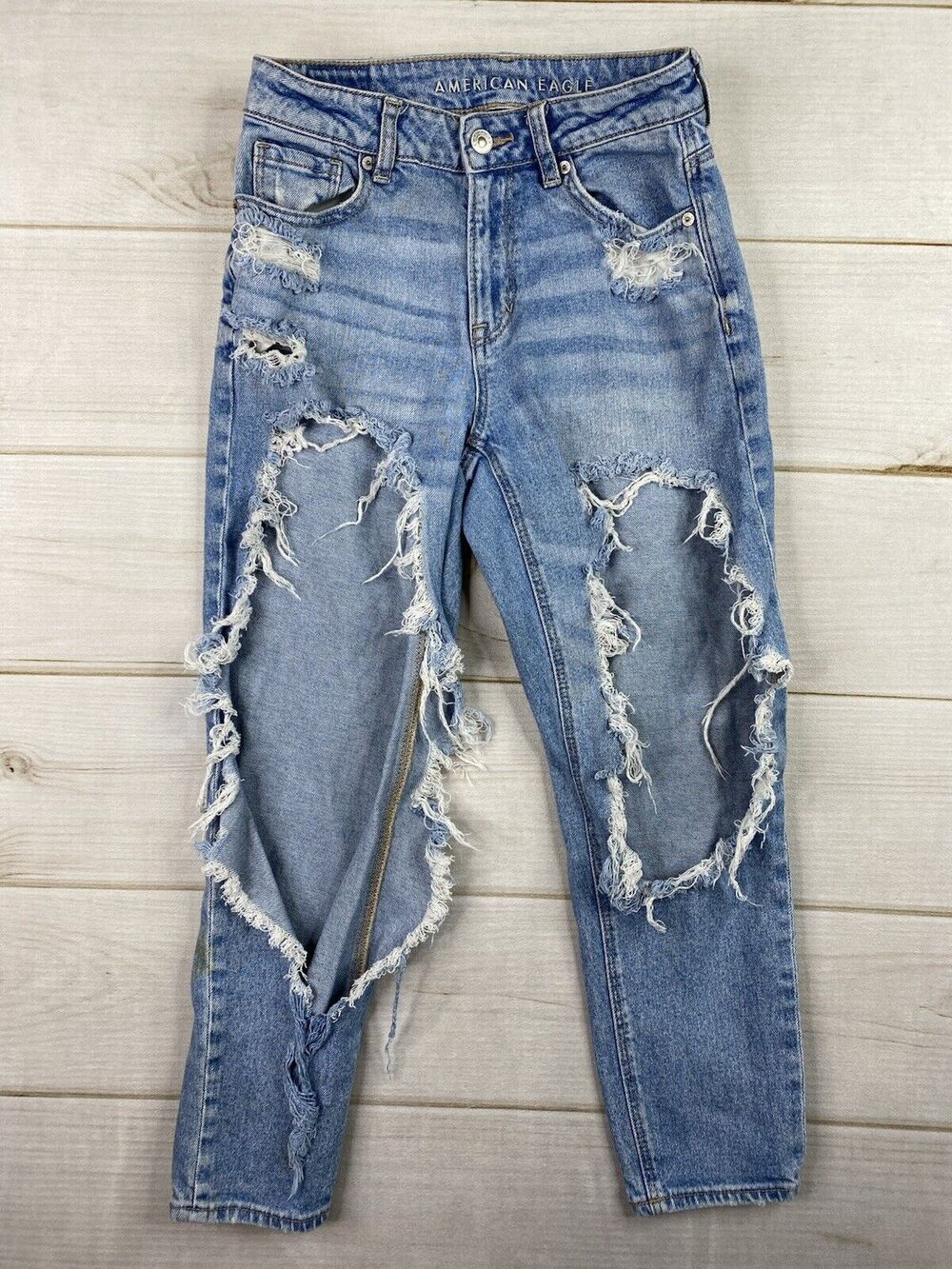 American Eagle Womens Mom Jeans 0 Short Destroyed Denim High Rise Stretch